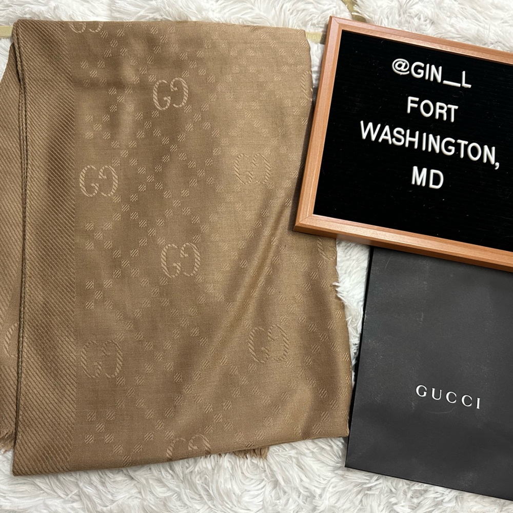 100% Authentic GUCCI Wool & Silk Fringe Monogram Large Shawl Scarf | Tan